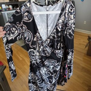 Charlotte Russe Black Paisley Long-Sleeve Faux Wrap Dress